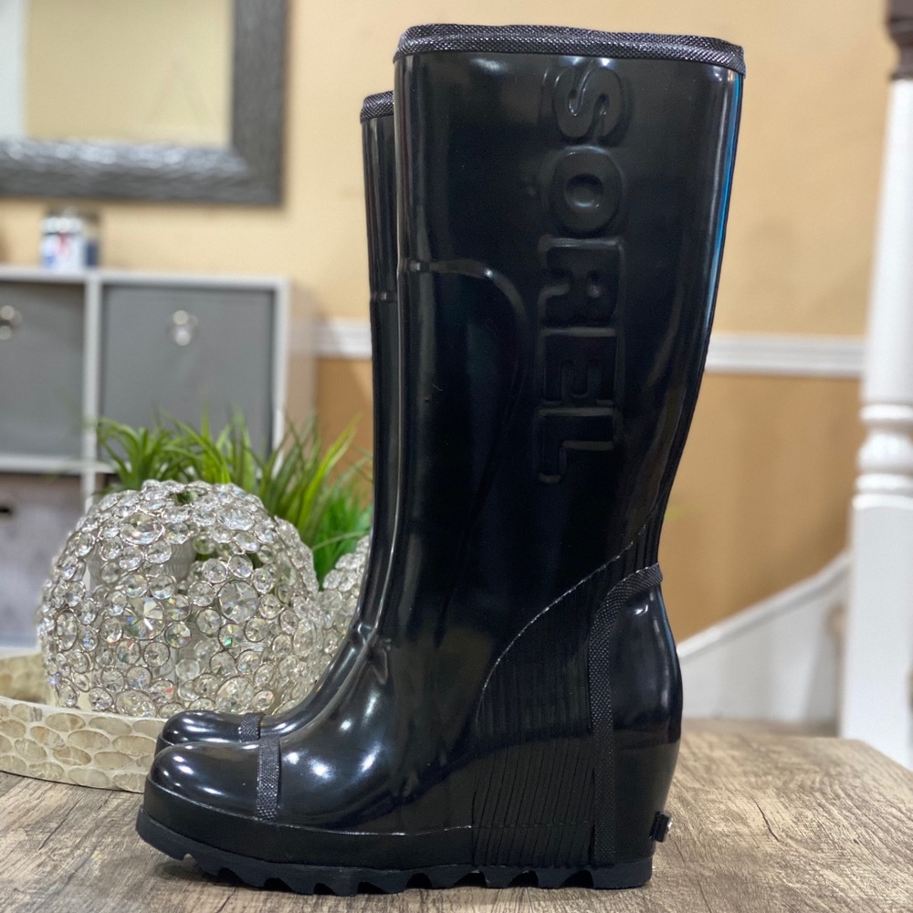 Sorel Black Wedge Rain Boots